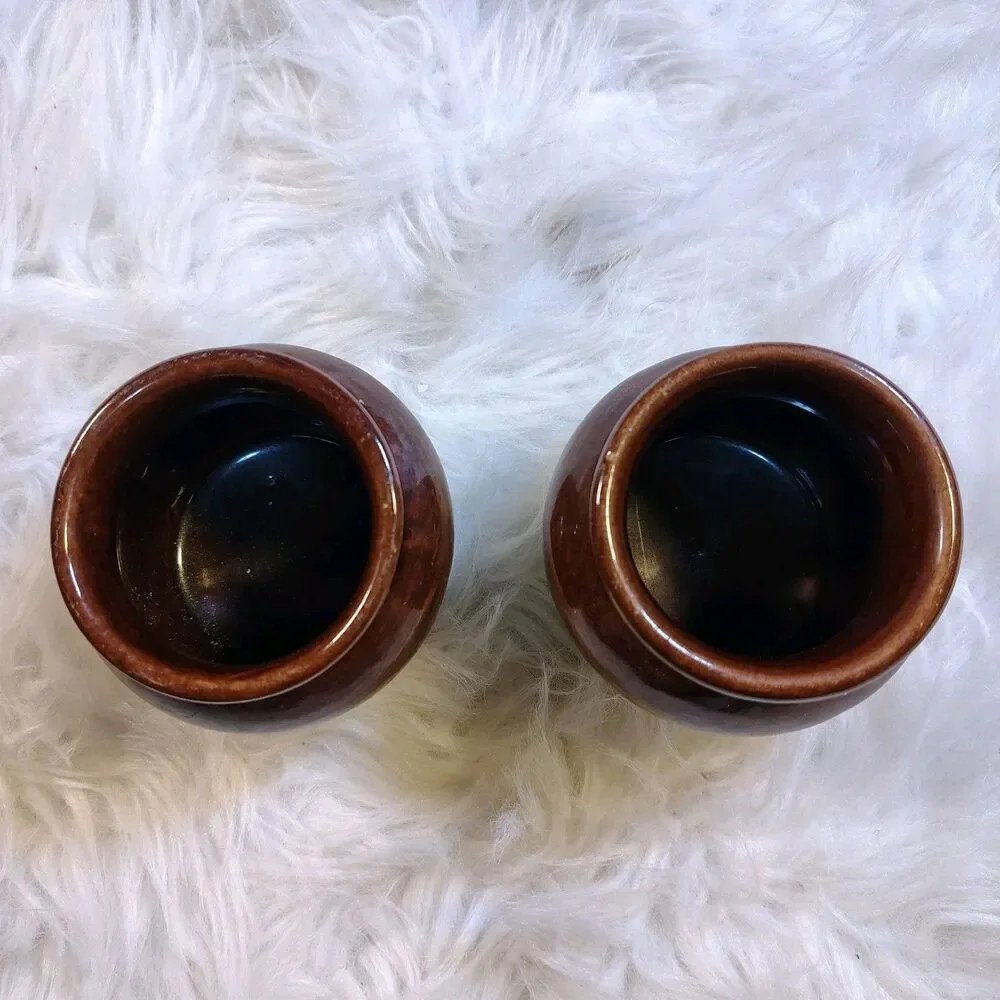 Burnham & Morrill CO Small Stoneware Bean Pot Brown & White Glaze Lot Of 2